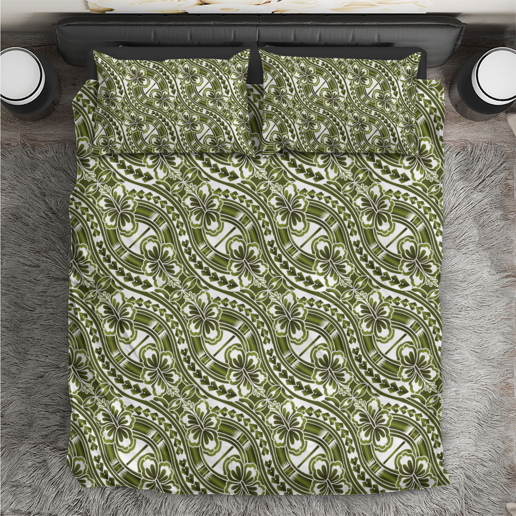 Hibiscus Bloom Island Tribal Waves Bedding Set Olive Green Polynesian Pattern