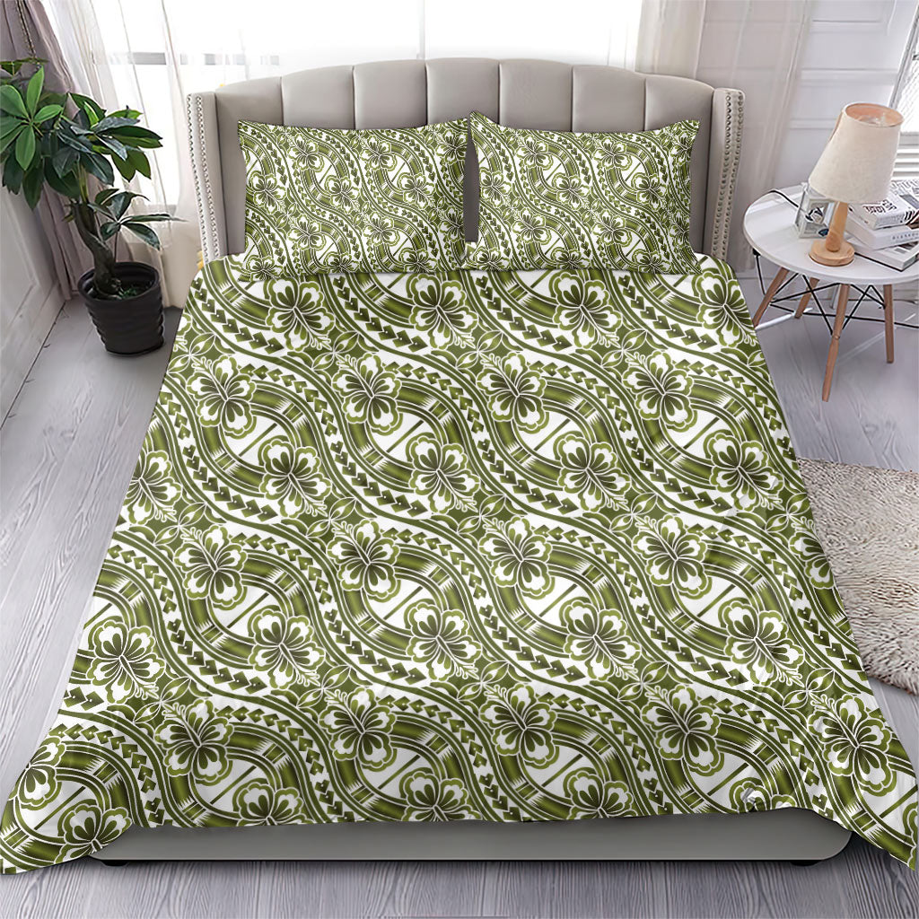 Hibiscus Bloom Island Tribal Waves Bedding Set Olive Green Polynesian Pattern