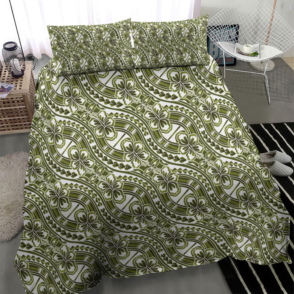 Hibiscus Bloom Island Tribal Waves Bedding Set Olive Green Polynesian Pattern