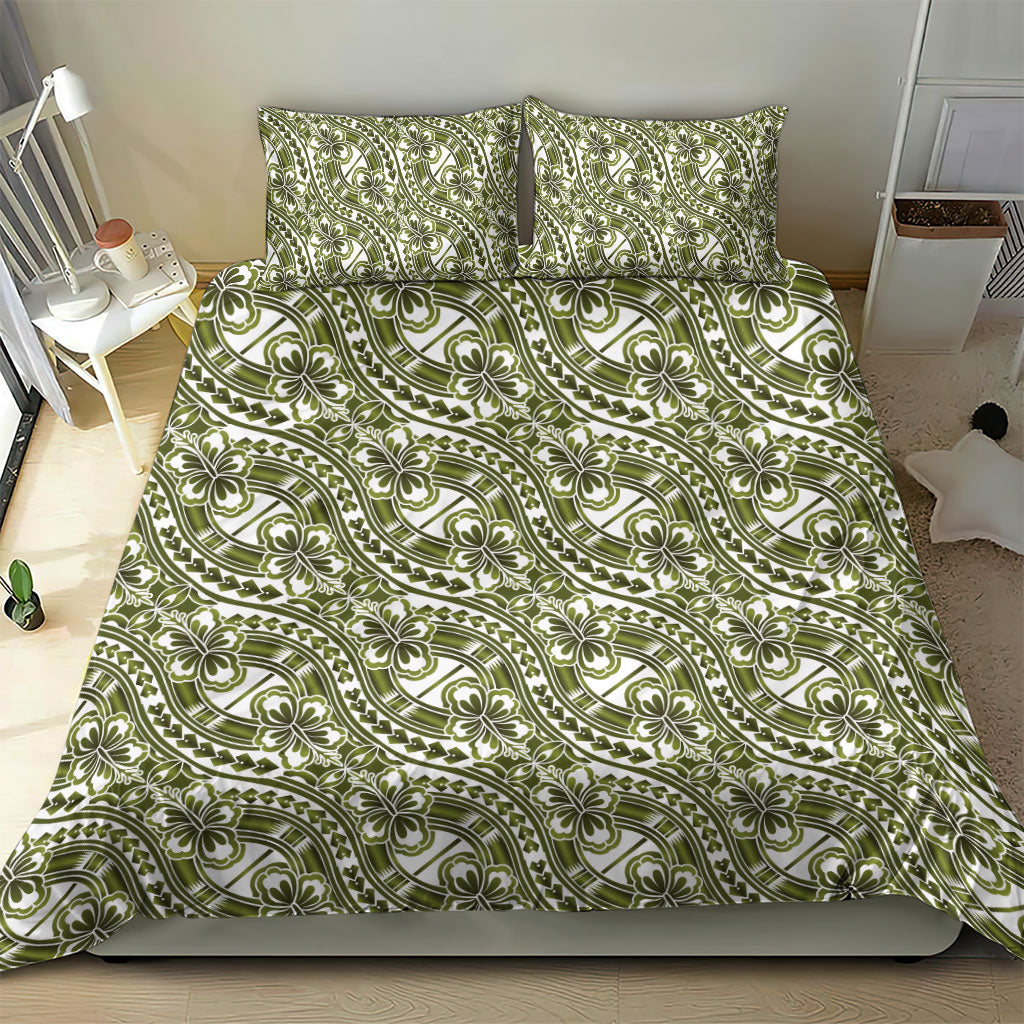 Hibiscus Bloom Island Tribal Waves Bedding Set Olive Green Polynesian Pattern