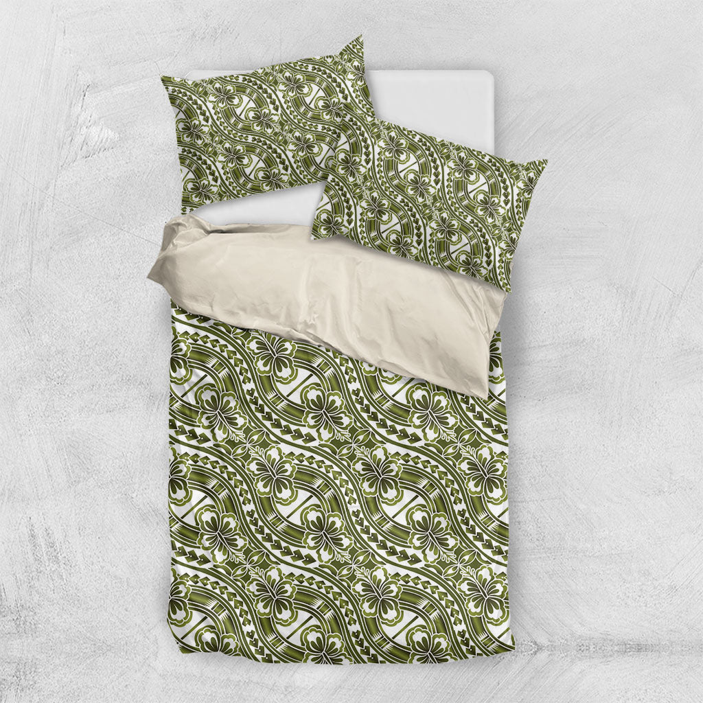 Hibiscus Bloom Island Tribal Waves Bedding Set Olive Green Polynesian Pattern