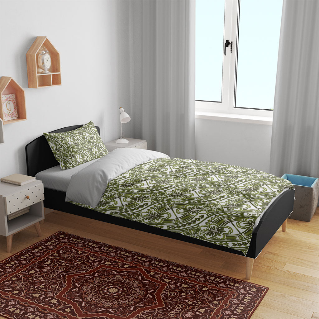 Hibiscus Bloom Island Tribal Waves Bedding Set Olive Green Polynesian Pattern