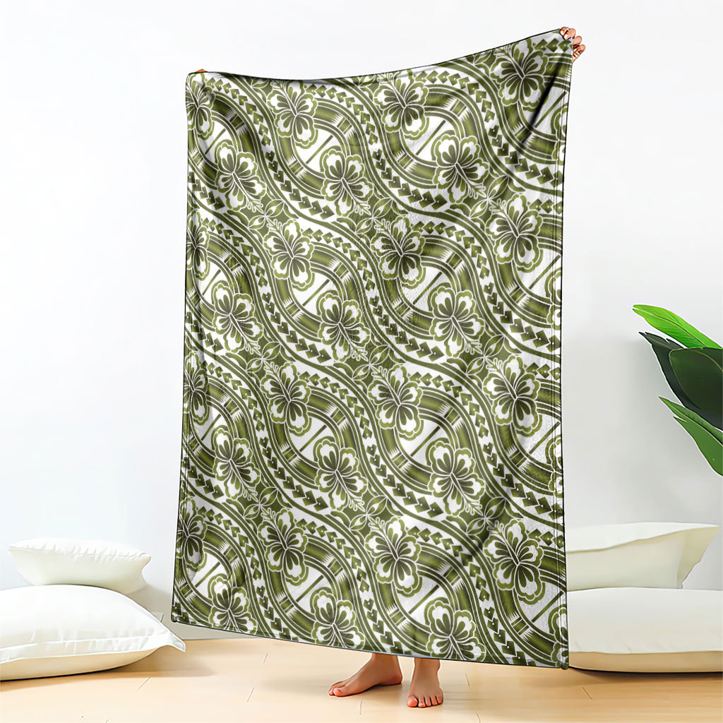 Hibiscus Bloom Island Tribal Waves Blanket Olive Green Polynesian Pattern