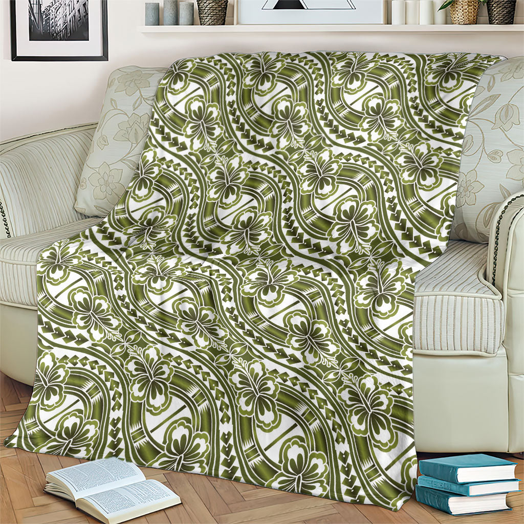 Hibiscus Bloom Island Tribal Waves Blanket Olive Green Polynesian Pattern