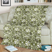 Hibiscus Bloom Island Tribal Waves Blanket Olive Green Polynesian Pattern
