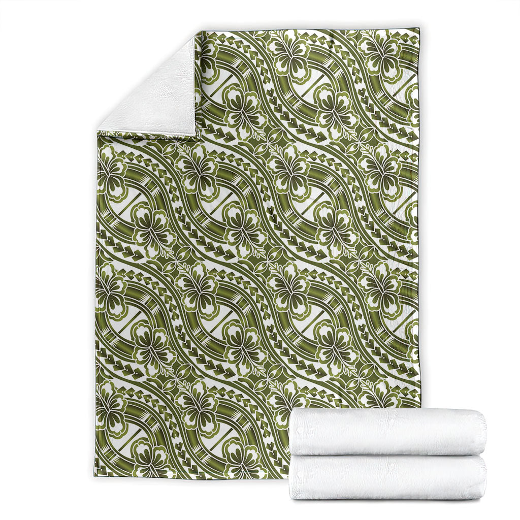 Hibiscus Bloom Island Tribal Waves Blanket Olive Green Polynesian Pattern