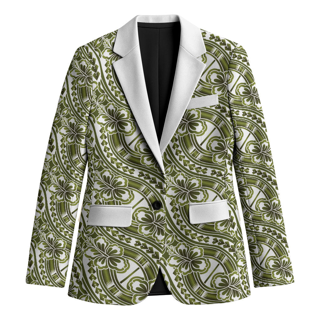 Hibiscus Bloom Island Tribal Waves Blazer Olive Green Polynesian Pattern