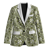 Hibiscus Bloom Island Tribal Waves Blazer Olive Green Polynesian Pattern