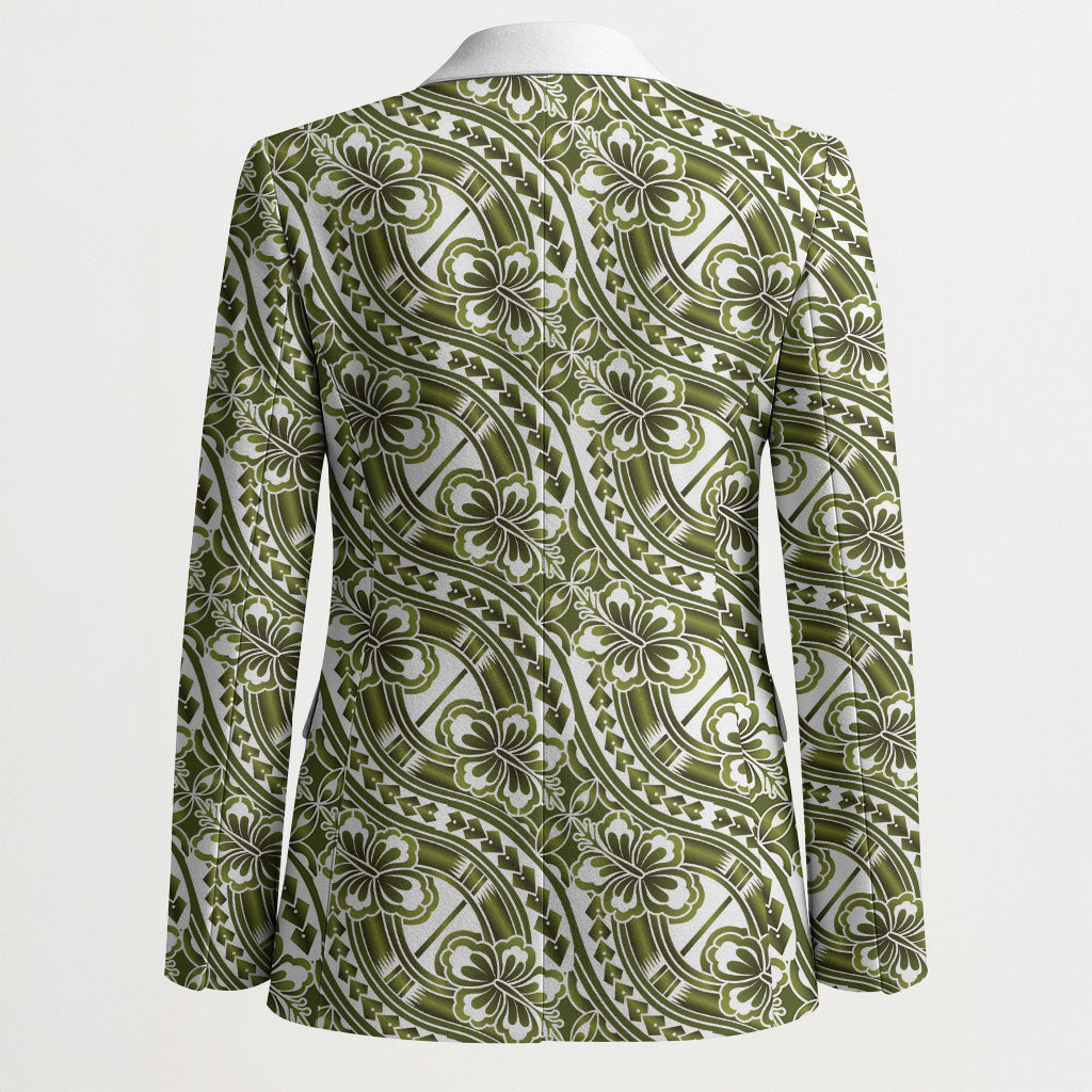 Hibiscus Bloom Island Tribal Waves Blazer Olive Green Polynesian Pattern