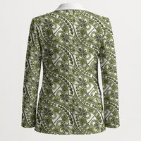 Hibiscus Bloom Island Tribal Waves Blazer Olive Green Polynesian Pattern