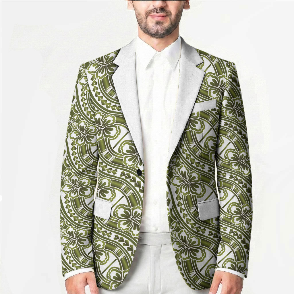Hibiscus Bloom Island Tribal Waves Blazer Olive Green Polynesian Pattern