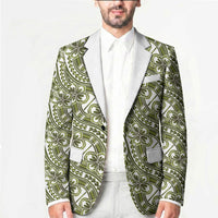 Hibiscus Bloom Island Tribal Waves Blazer Olive Green Polynesian Pattern
