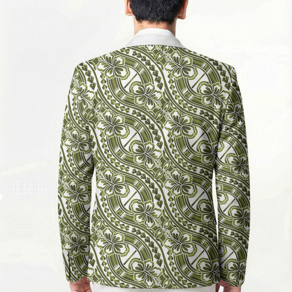 Hibiscus Bloom Island Tribal Waves Blazer Olive Green Polynesian Pattern