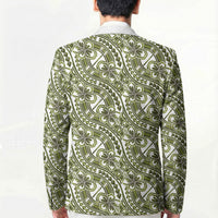 Hibiscus Bloom Island Tribal Waves Blazer Olive Green Polynesian Pattern