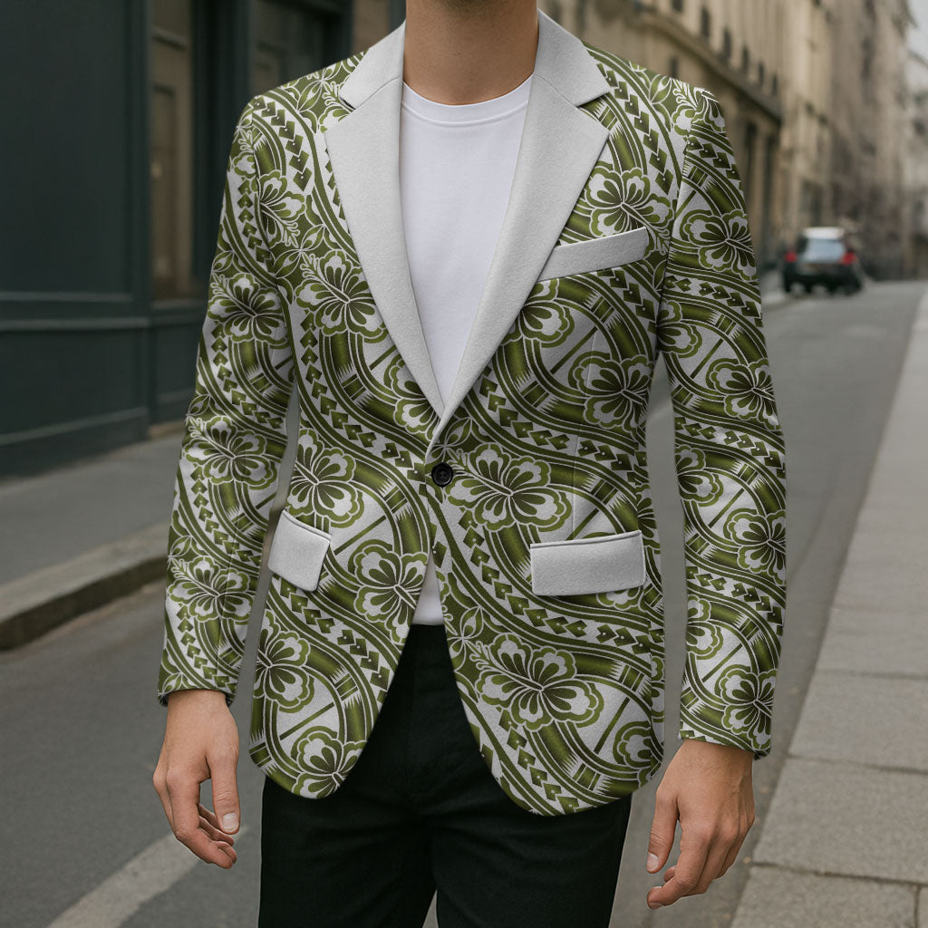 Hibiscus Bloom Island Tribal Waves Blazer Olive Green Polynesian Pattern