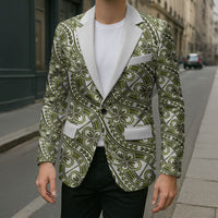 Hibiscus Bloom Island Tribal Waves Blazer Olive Green Polynesian Pattern