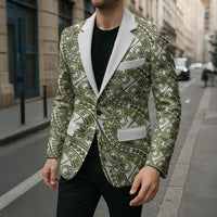 Hibiscus Bloom Island Tribal Waves Blazer Olive Green Polynesian Pattern