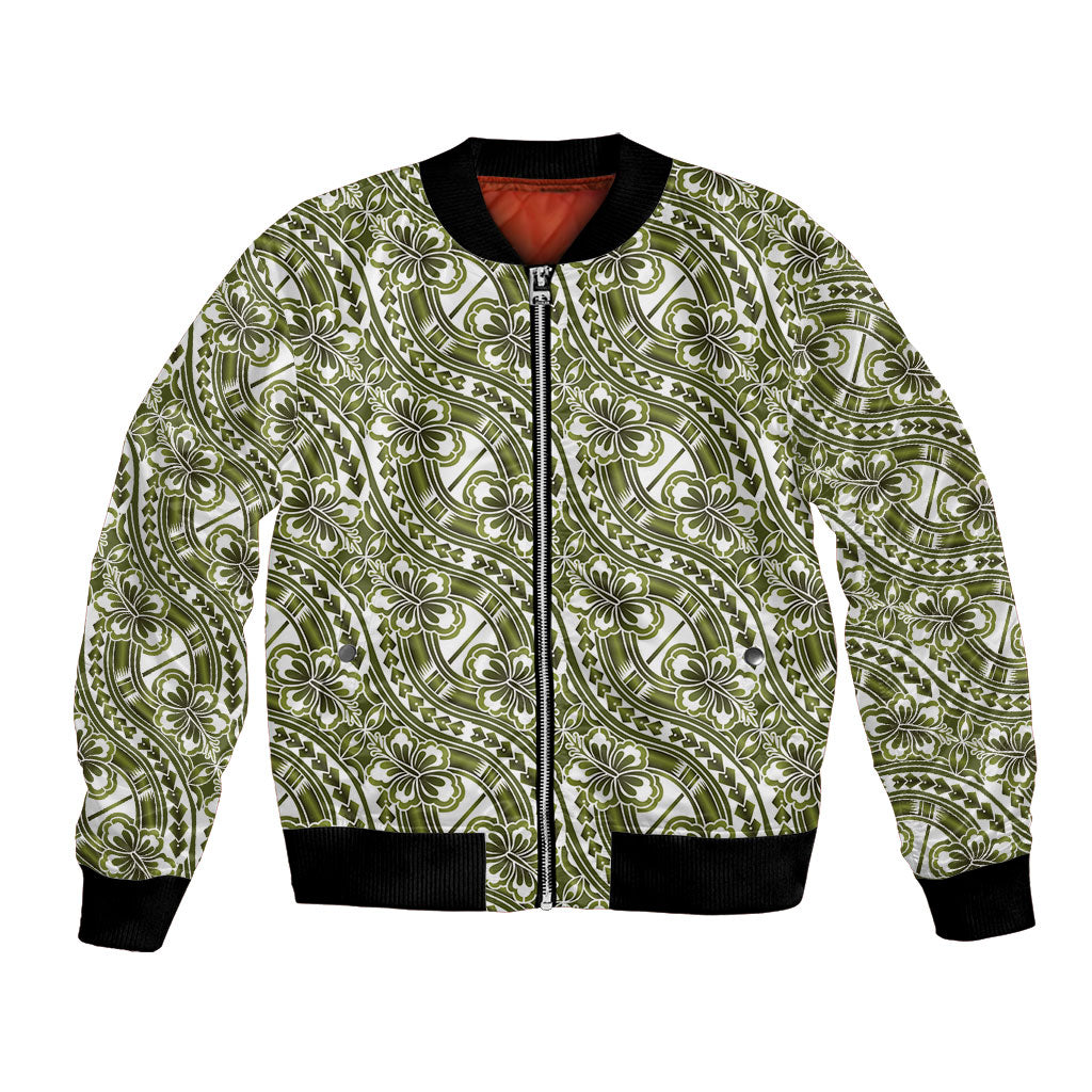 Hibiscus Bloom Island Tribal Waves Bomber Jacket Olive Green Polynesian Pattern LT01 Unisex Olive Green - Polynesian Pride