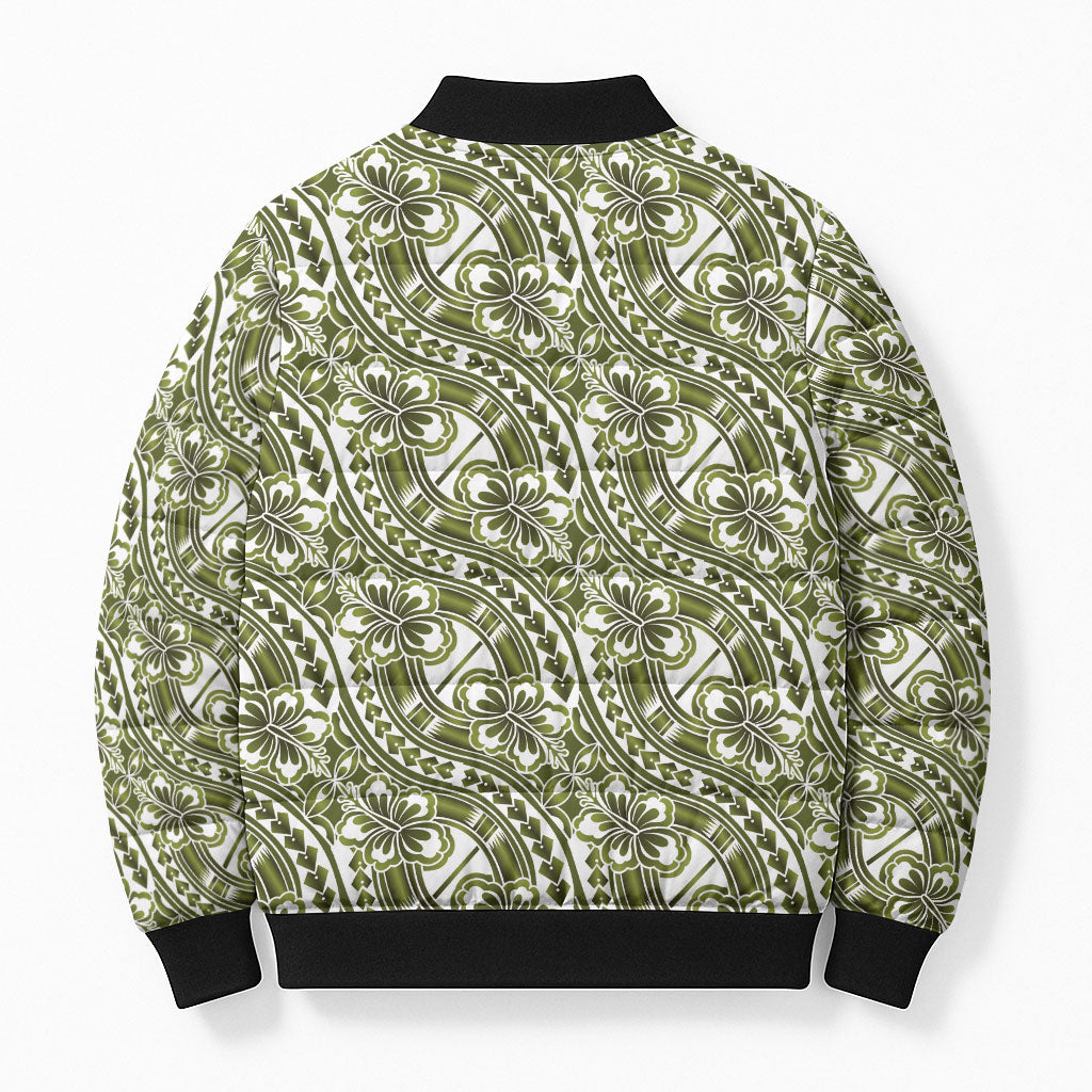Hibiscus Bloom Island Tribal Waves Bomber Puffer Jacket Olive Green Polynesian Pattern LT01 - Polynesian Pride