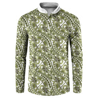 Hibiscus Bloom Island Tribal Waves Button Sweatshirt Olive Green Polynesian Pattern