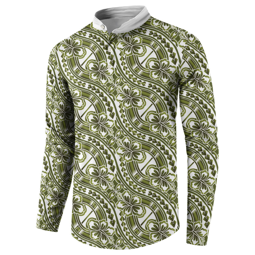 Hibiscus Bloom Island Tribal Waves Button Sweatshirt Olive Green Polynesian Pattern