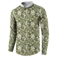 Hibiscus Bloom Island Tribal Waves Button Sweatshirt Olive Green Polynesian Pattern