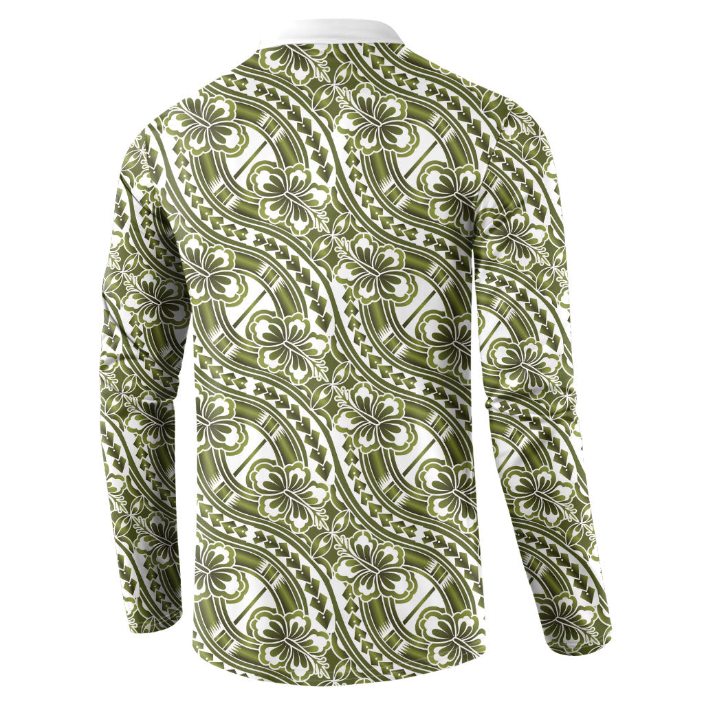 Hibiscus Bloom Island Tribal Waves Button Sweatshirt Olive Green Polynesian Pattern