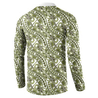 Hibiscus Bloom Island Tribal Waves Button Sweatshirt Olive Green Polynesian Pattern