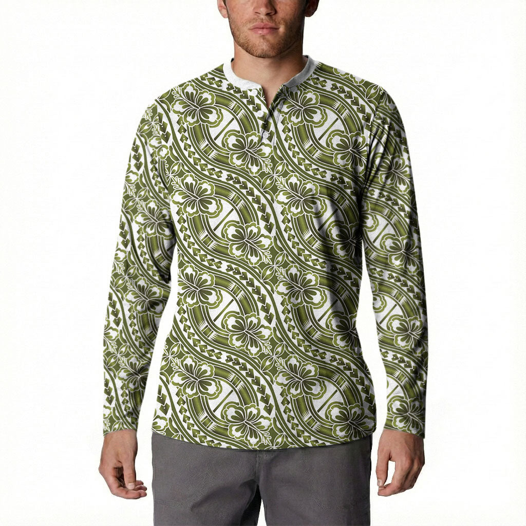 Hibiscus Bloom Island Tribal Waves Button Sweatshirt Olive Green Polynesian Pattern