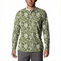 Hibiscus Bloom Island Tribal Waves Button Sweatshirt Olive Green Polynesian Pattern
