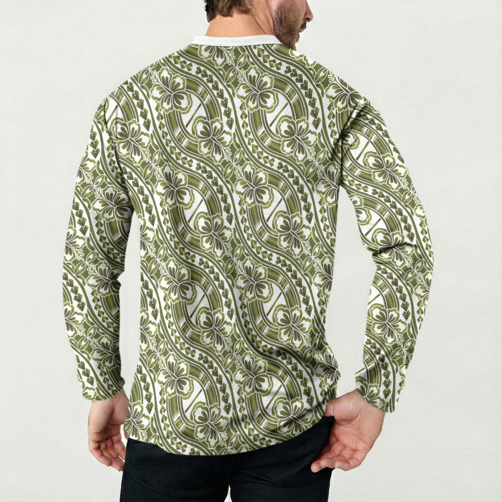 Hibiscus Bloom Island Tribal Waves Button Sweatshirt Olive Green Polynesian Pattern