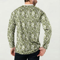 Hibiscus Bloom Island Tribal Waves Button Sweatshirt Olive Green Polynesian Pattern