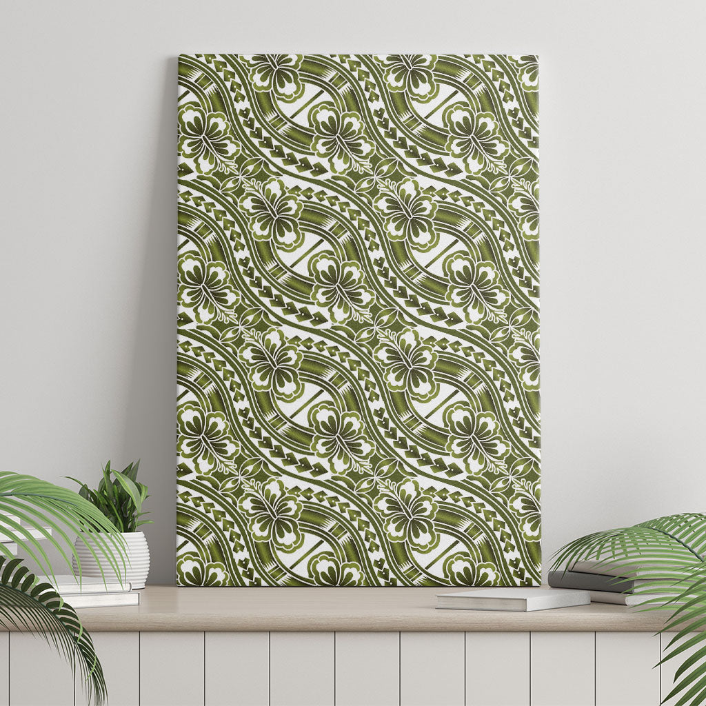 Hibiscus Bloom Island Tribal Waves Canvas Wall Art Olive Green Polynesian Pattern