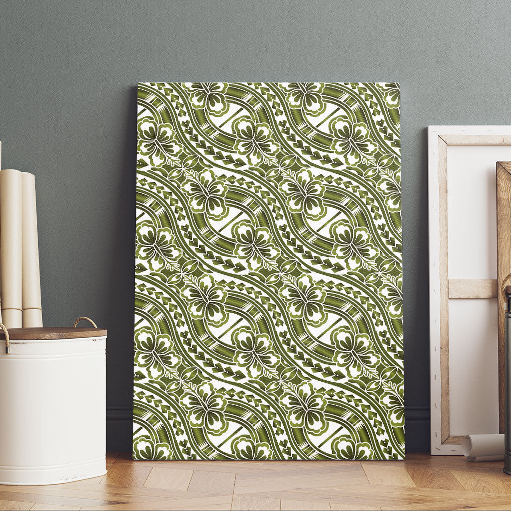 Hibiscus Bloom Island Tribal Waves Canvas Wall Art Olive Green Polynesian Pattern