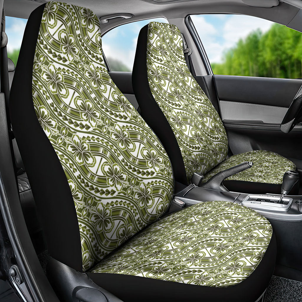 Hibiscus Bloom Island Tribal Waves Car Seat Cover Olive Green Polynesian Pattern