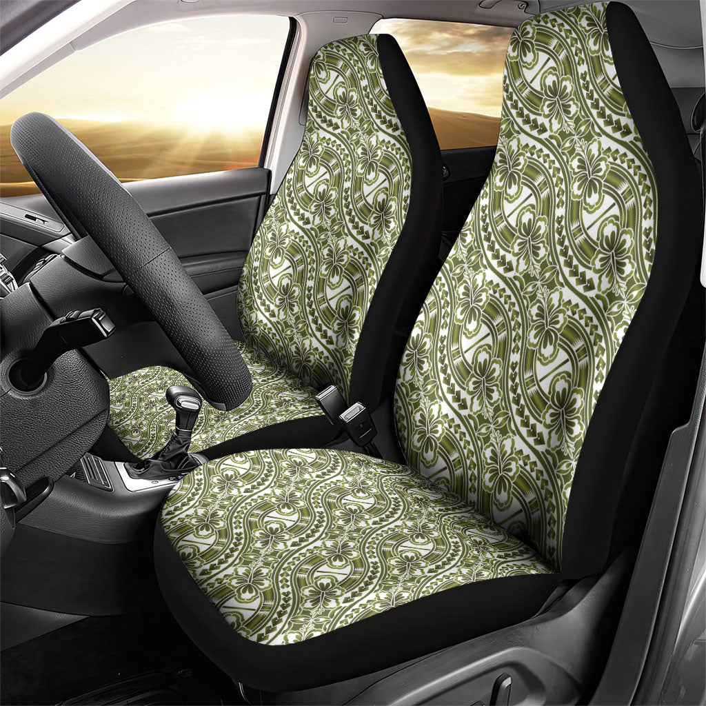 Hibiscus Bloom Island Tribal Waves Car Seat Cover Olive Green Polynesian Pattern