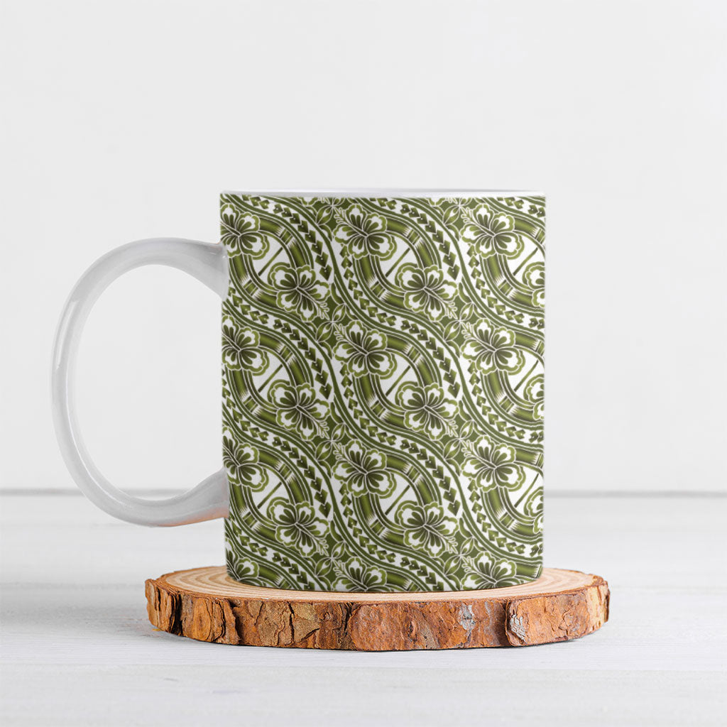 Hibiscus Bloom Island Tribal Waves Ceramic Mug Olive Green Polynesian Pattern