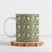 Hibiscus Bloom Island Tribal Waves Ceramic Mug Olive Green Polynesian Pattern