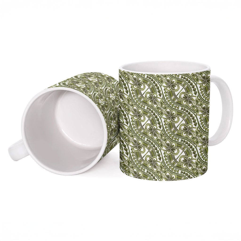 Hibiscus Bloom Island Tribal Waves Ceramic Mug Olive Green Polynesian Pattern