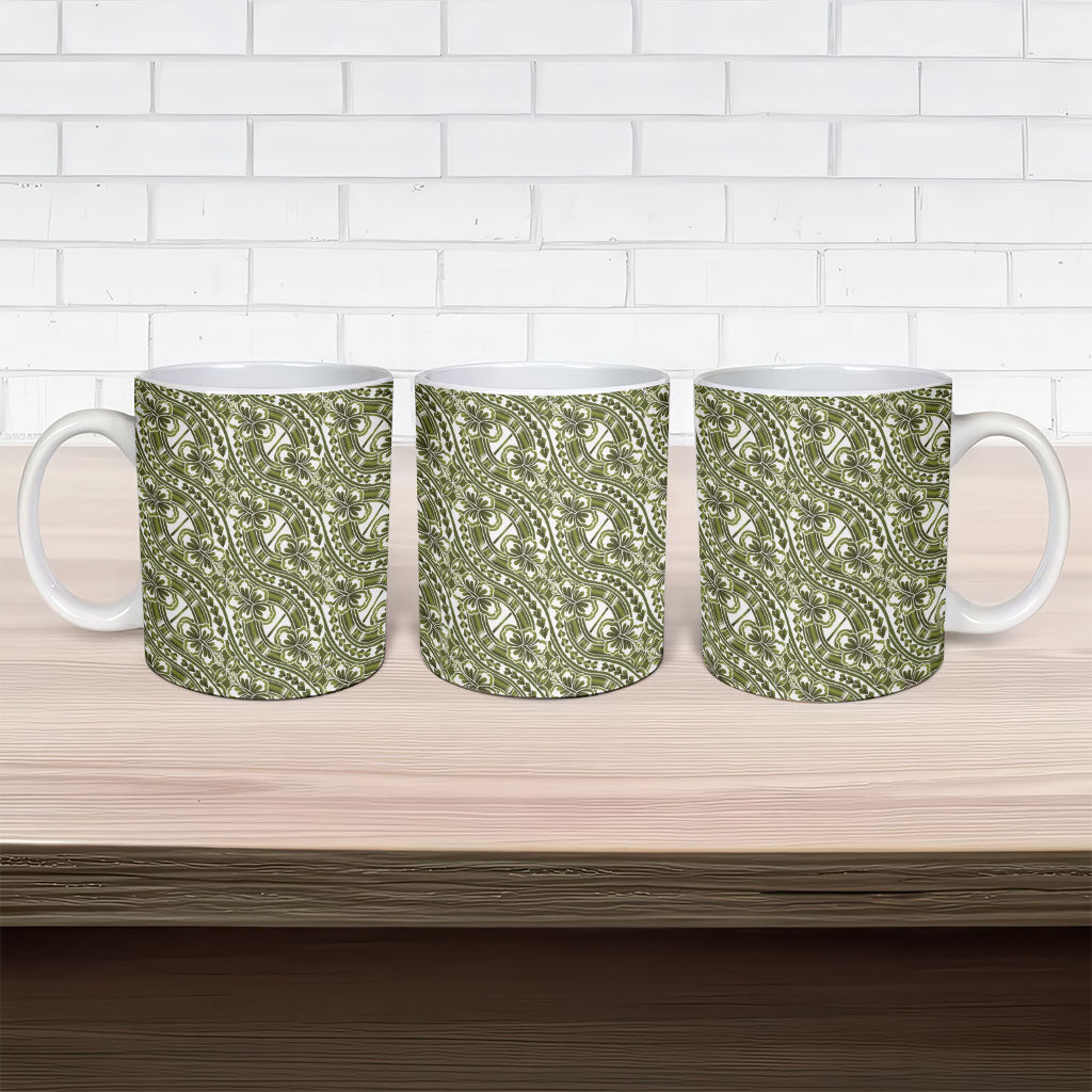 Hibiscus Bloom Island Tribal Waves Ceramic Mug Olive Green Polynesian Pattern
