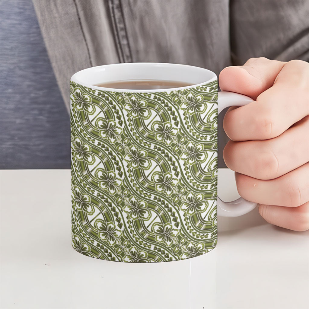 Hibiscus Bloom Island Tribal Waves Ceramic Mug Olive Green Polynesian Pattern