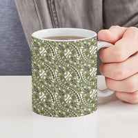Hibiscus Bloom Island Tribal Waves Ceramic Mug Olive Green Polynesian Pattern