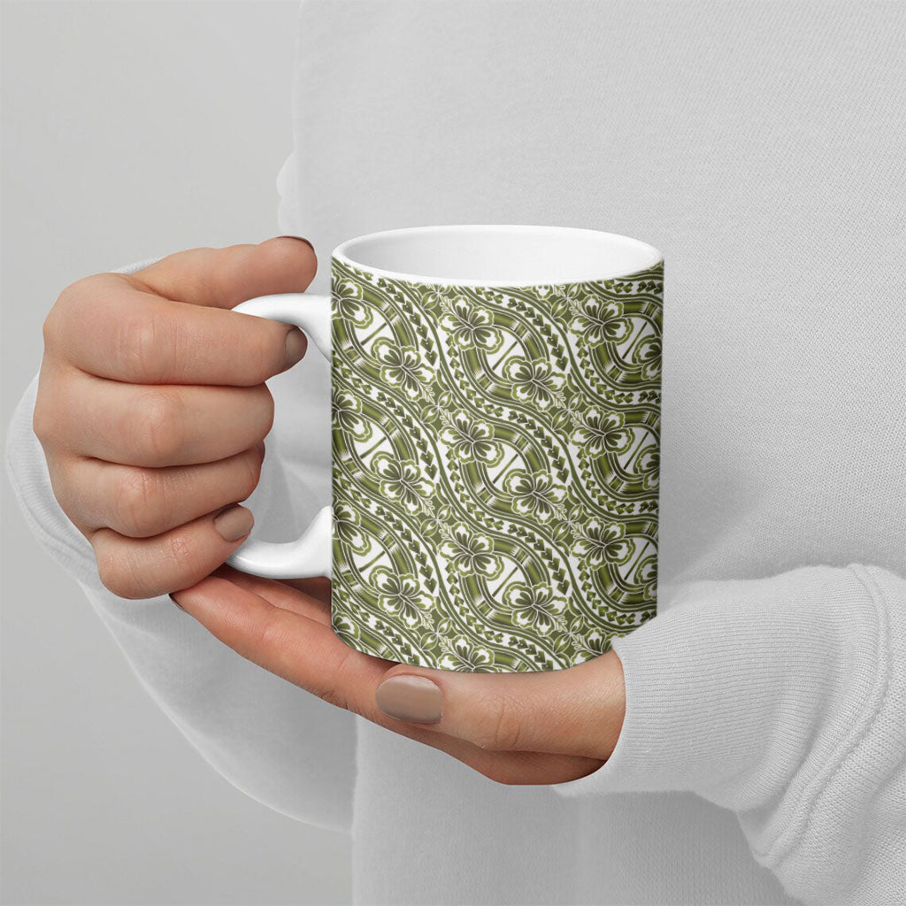 Hibiscus Bloom Island Tribal Waves Ceramic Mug Olive Green Polynesian Pattern