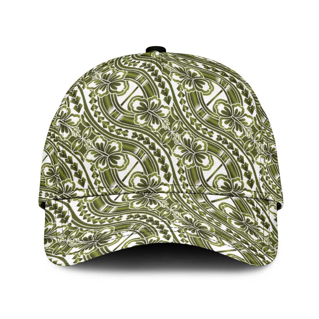 Hibiscus Bloom Island Tribal Waves Classic Cap Olive Green Polynesian Pattern