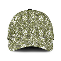 Hibiscus Bloom Island Tribal Waves Classic Cap Olive Green Polynesian Pattern