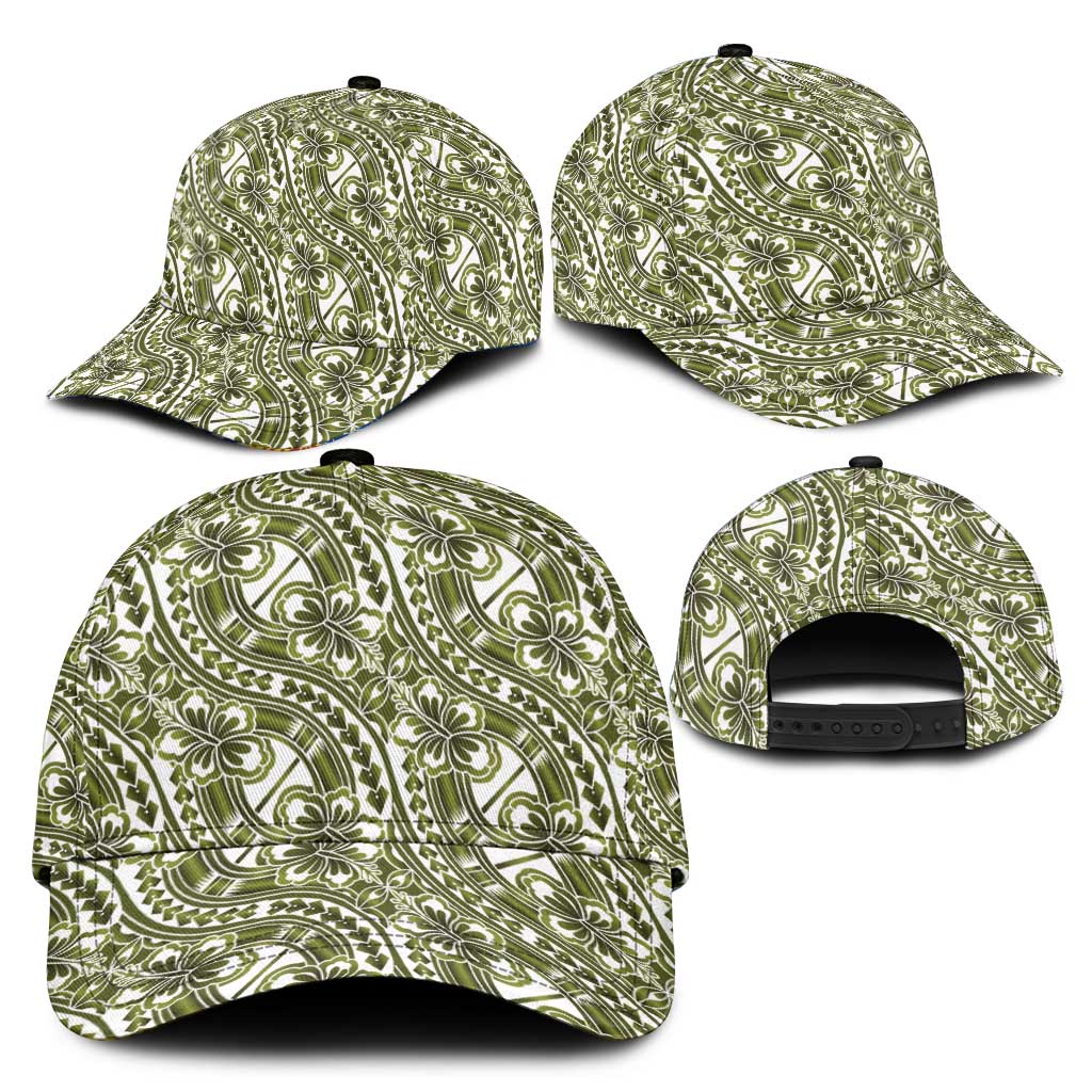 Hibiscus Bloom Island Tribal Waves Classic Cap Olive Green Polynesian Pattern