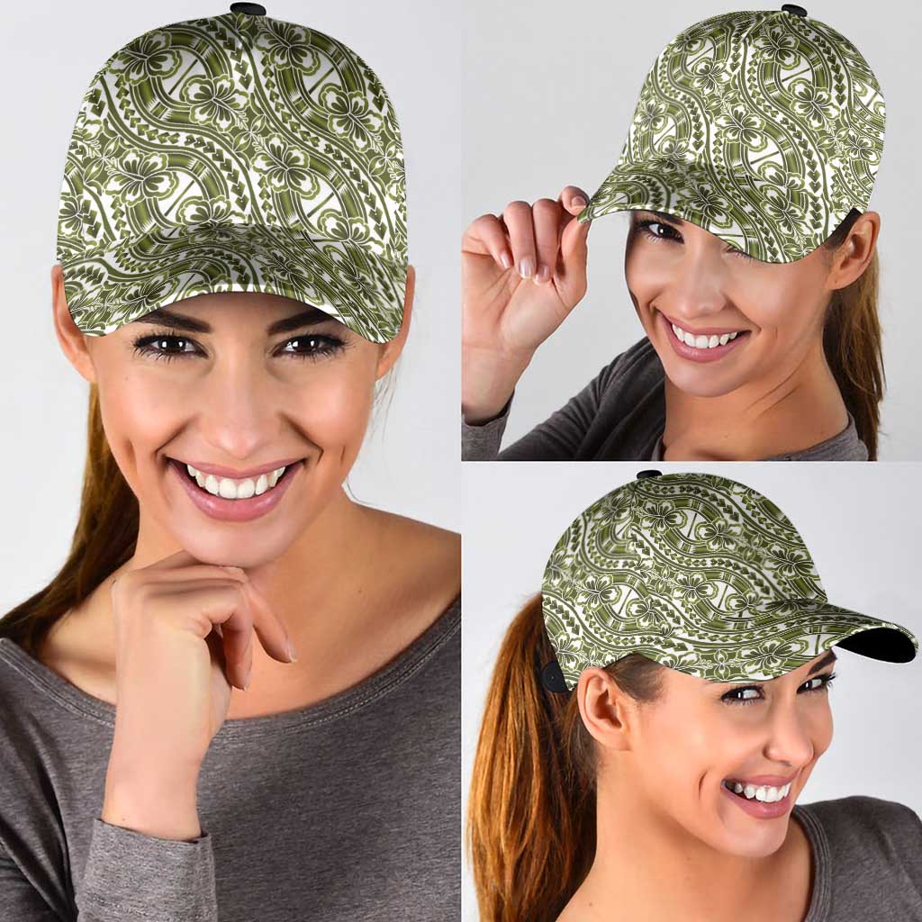 Hibiscus Bloom Island Tribal Waves Classic Cap Olive Green Polynesian Pattern