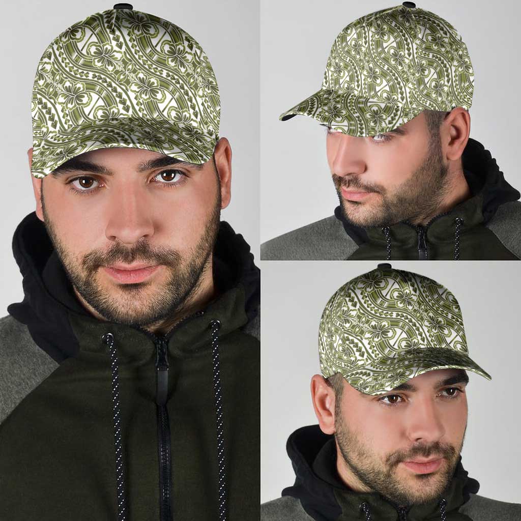Hibiscus Bloom Island Tribal Waves Classic Cap Olive Green Polynesian Pattern