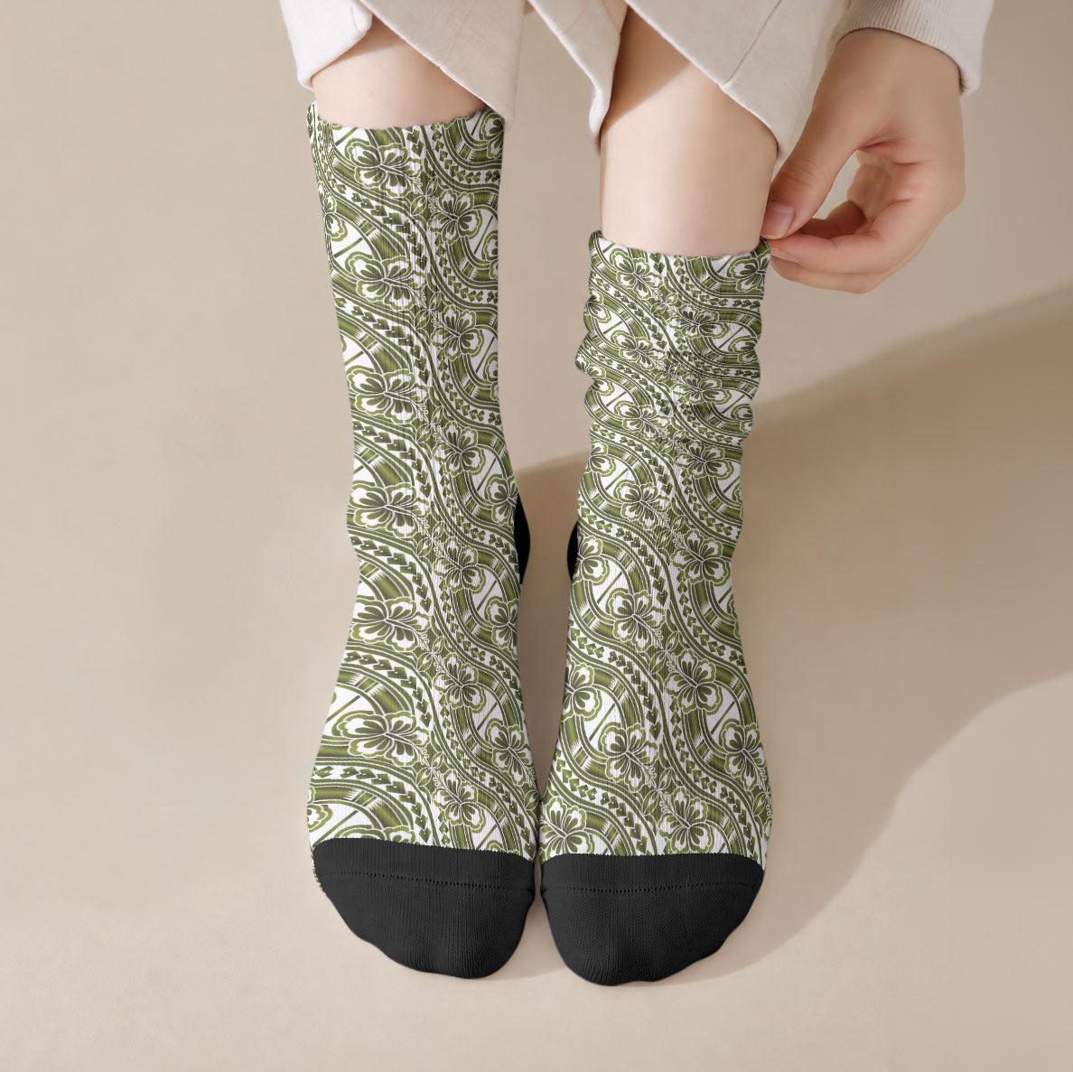 Hibiscus Bloom Island Tribal Waves Crew Socks Olive Green Polynesian Pattern