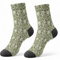 Hibiscus Bloom Island Tribal Waves Crew Socks Olive Green Polynesian Pattern